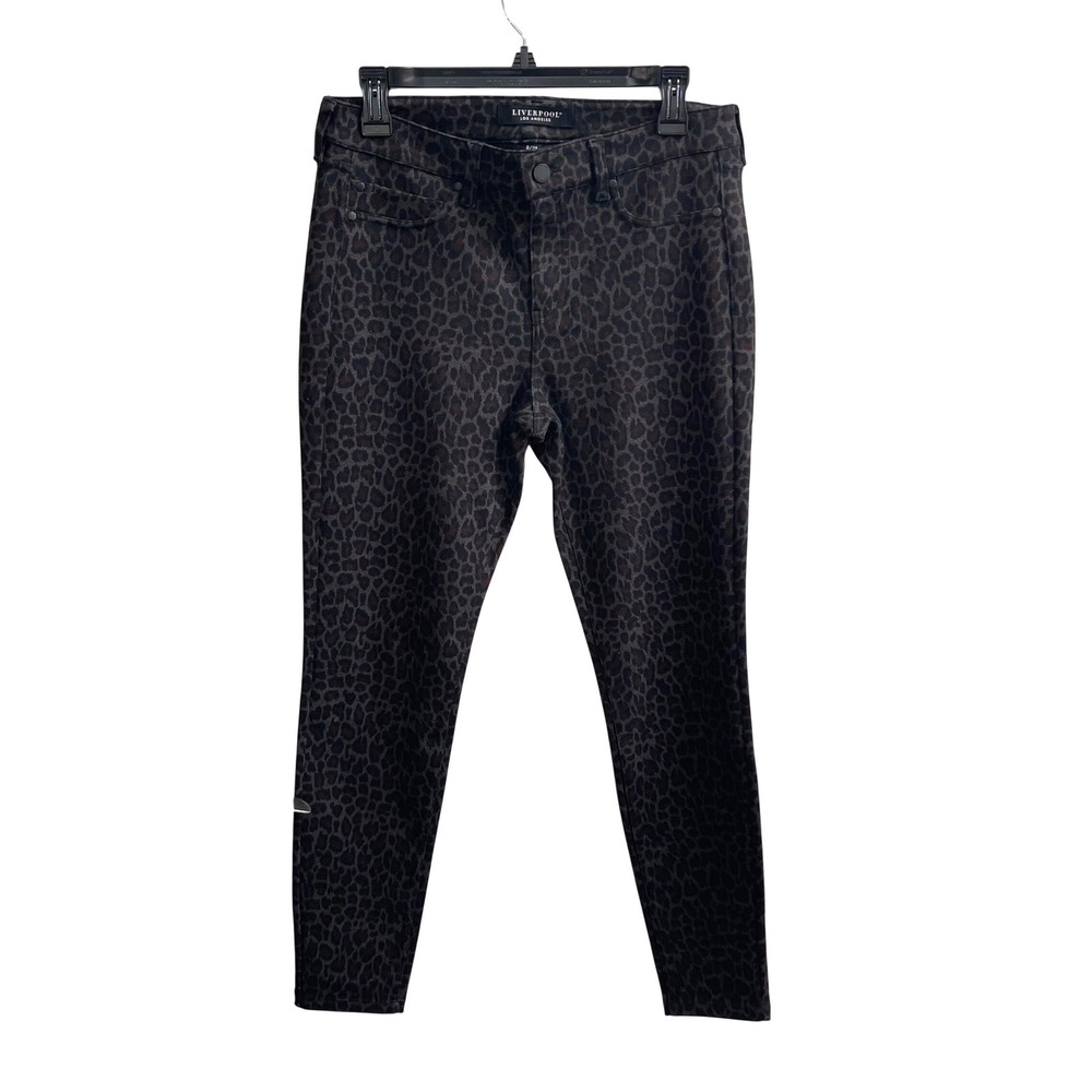 Liverpool Skinny Pants Women 8/29 Dark Leopard Print Animal Neutral Edgy Stretch